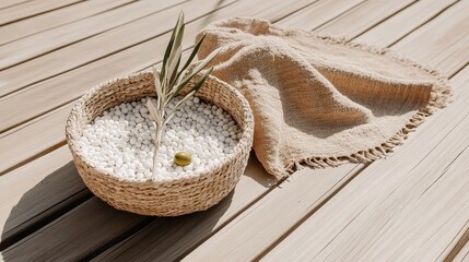 Decorative Basket with White Pebbles and Green Olive on Wooden Surface