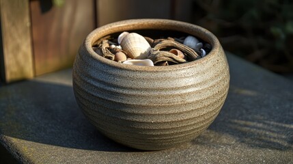 Decorative Bowl Filled with Natural Sea Shells and Driftwood