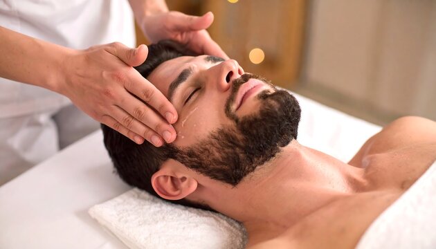 Close-up of a man getting a facial massage in a spa