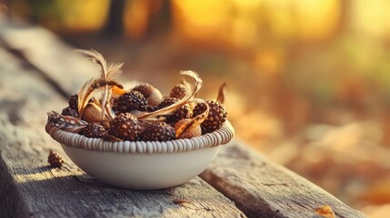 Decorative Bowl of Seeds and Nuts on Rustic Wooden Table