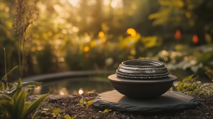 Serene Garden Scene with Decorative Bowl and Glowing Sunlight