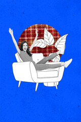 Poster image sketch vertical collage of happy girl stand indoor armchair flower pot freelancer...