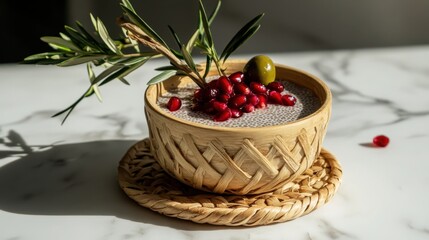 Decorative Bowl with Chia Seeds, Pomegranate, and Olive Branch