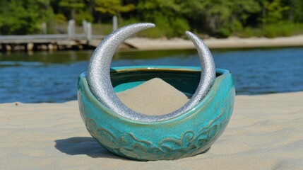 Decorative Bowl with Glittering Crescent Moons and Sand by Water