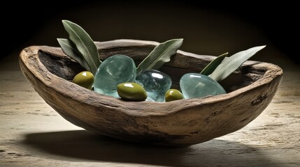 Decorative Bowl with Green Stones and Olive Leaves on Wooden Table