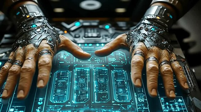 Futuristic Interface Manipulation: Alien Hands Navigating a High-Tech Digital Display