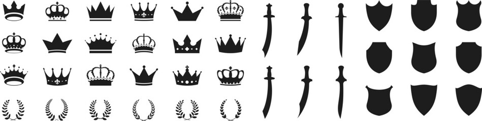 Crown silhouette collection, royal luxury crown set. Swords in flat style. Ancient and medieval swords, shields