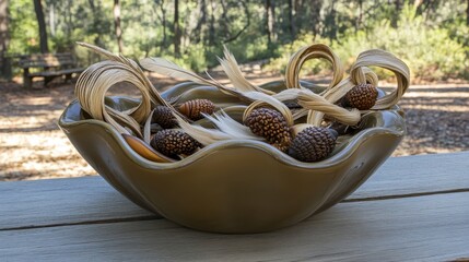 Decorative Bowl with Natural Elements and Acorns in Forest Setting