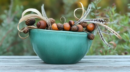 Decorative Bowl with Natural Elements and Acorns on Wooden Surface
