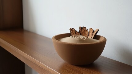 Decorative Bowl with Natural Elements on Wooden Shelf
