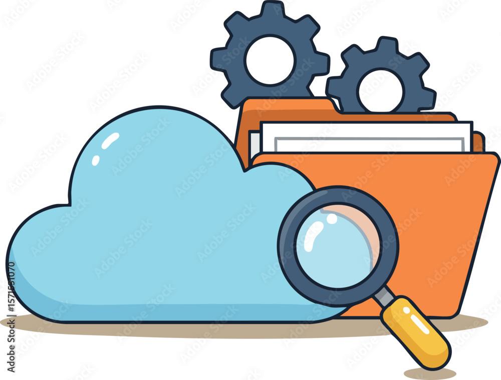 Poster cloud storage folder with magnifying glass and gears for data management vector illustration
