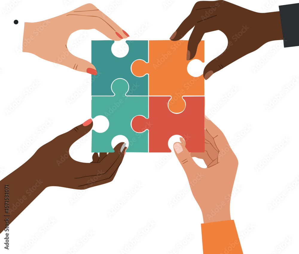 Poster diverse hands assembling colorful puzzle pieces teamwork and unity concept vector illustration