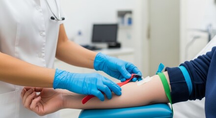 Phlebotomist Applying Tourniquet to Patient's Arm Before Blood Draw in Clinic