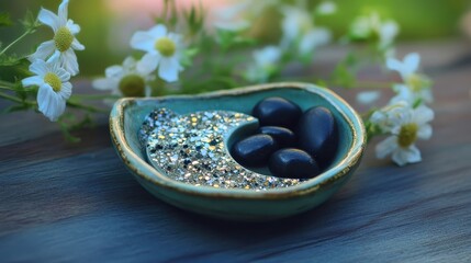 Decorative bowl with shiny stones and flowers on wooden surface