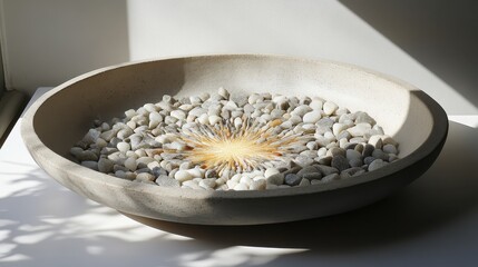 Decorative Bowl with Pebbles and Unique Sunburst Design Centerpiece