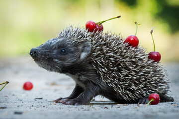 In the summer in the forest a small hedgehog runs across a path.