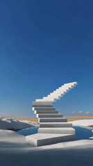 Endless Ascent: A minimalist composition of a spiral staircase ascends gracefully towards the endless expanse of a vivid blue sky, symbolizing aspiration and journey.