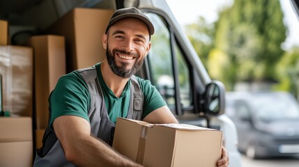 Delivery driver smiling while holding package outside van in sunny urban setting