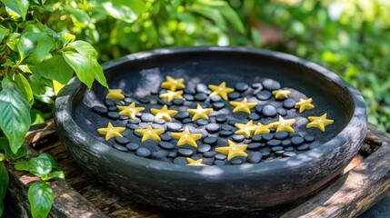 Decorative Bowl with Yellow Stars on Black Stones Surrounded by Greenery