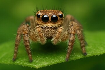 Amidst the verdant embrace of nature, a spider sits poised with eyes that gleam like tiny mirrors, its web-like legs ready to weave tales of survival and adaptation