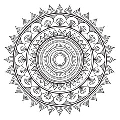 Intricate black and white mandala design with radiating petal like patterns and circular geometric motifs symbolizing harmony and spirituality