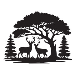 Majestic silhouette of two deer with large antlers standing under a large deciduous tree with pine trees on either side