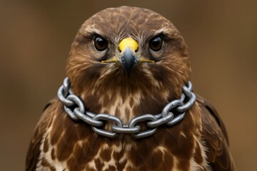 A majestic hawk stands guard with a chain around its neck, symbolizing strength and resilience
