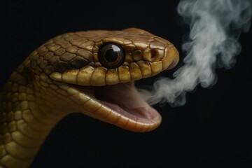 A close-up of a serpent's head, its mouth agape in a display of power or perhaps communication, with steam billowing from its open jaws