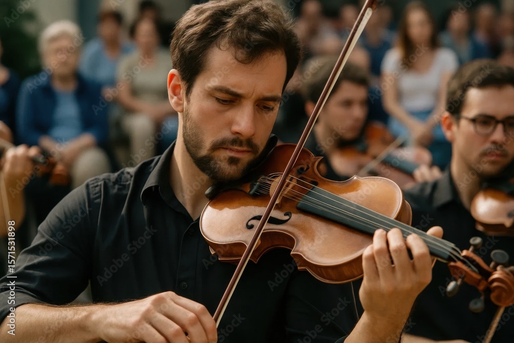 Poster a violinist's passionate performance in a symphony of strings