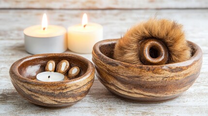 Decorative Ceramic Bowls with Candle and Fur Accessory in Warm Tones