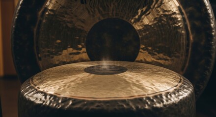 Naklejka premium Close-up of Gongs with Dust Rising, Evoking Meditation and Sound Healing