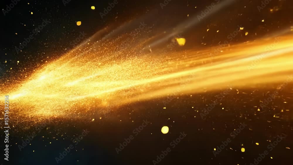 Poster golden particles flow in dark space; shining light abstract background