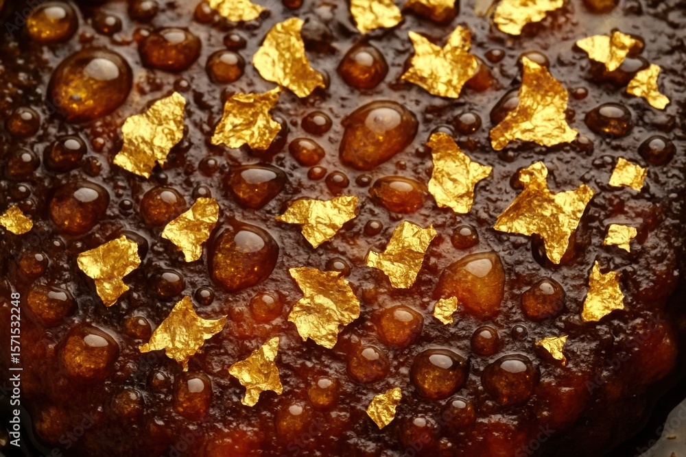 Poster a close-up view of a chocolate surface adorned with sparkling gold leaf, creating an enchanting visu