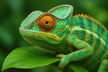 Obraz premium A vibrant green chameleon with striking orange eyes perches on a leaf, embodying the essence of nature's adaptability and beauty