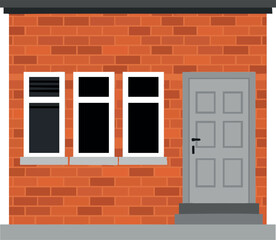 Small brick house with grey door and three white window frames vector illustration 