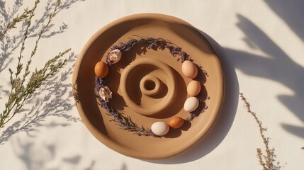Decorative Clay Plate with Eggs and Lavender Stems on Table