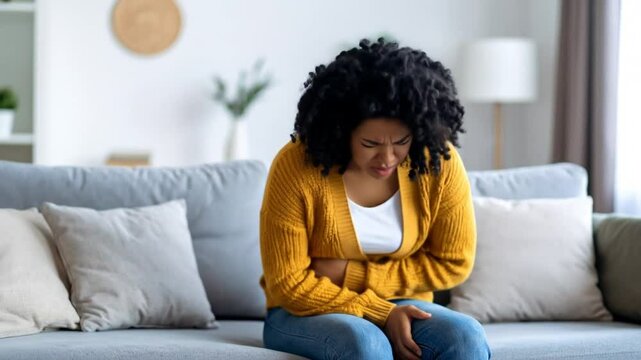 Woman Suffering From Stomach Pain On Couch
