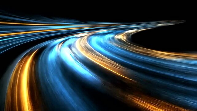 Futuristic light trails abstract motion background with vibrant blue and gold colors