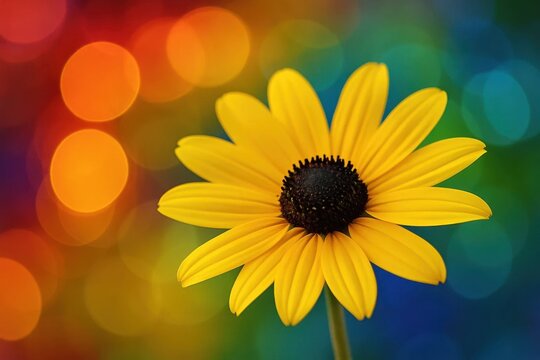 A vibrant yellow daisy stands out against a kaleidoscope of blurred bokeh lights, symbolizing hope and positivity in the face of diversity