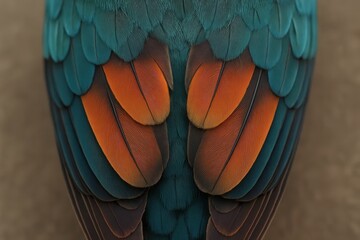 Fototapeta premium A close-up of a vibrant parrot's feathers showcasing a striking blend of blue, orange, and brown hues