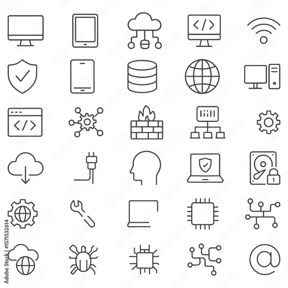 Poster information technology line icons – it network, cybersecurity, data, cloud computing, and tech tools