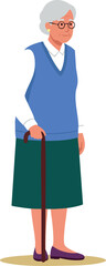 Fototapeta premium Elderly woman walking with cane in blue vest and green skirt vector illustration 