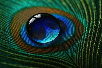 Obraz premium A Peacock Feather Reflects a Drop of Water in Hues of Blue and Orange