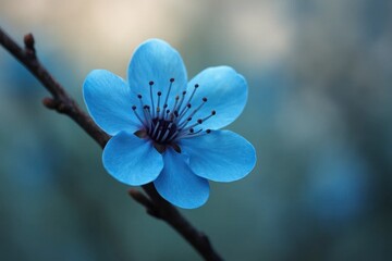 Obraz premium A solitary blue flower blooms against a soft-focus backdrop of nature's hues