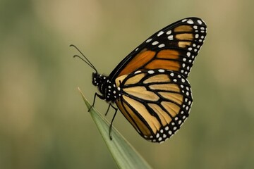 Naklejka premium Amidst a soft blur of green hues, a monarch butterfly rests on a leaf, its wings spread wide in a moment of tranquility