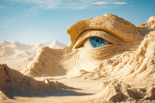 Surreal desert landscape featuring a colossal eye carved into the sand dunes