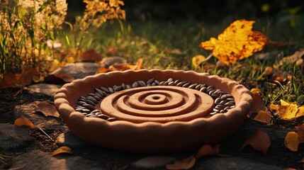 Decorative Earthen Plate with Seeds in Natural Autumn Setting