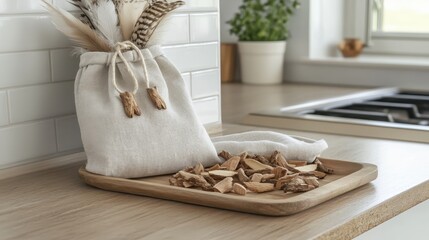 Decorative Dried Flowers in Fabric Bag on Wooden Tray in Kitchen