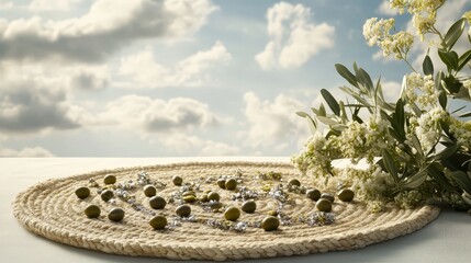 Decorative Display with Olive, Flowers, and Sky Background
