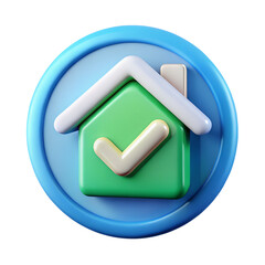 A green house icon with a white check mark inside a blue circle, isolated on transparent background